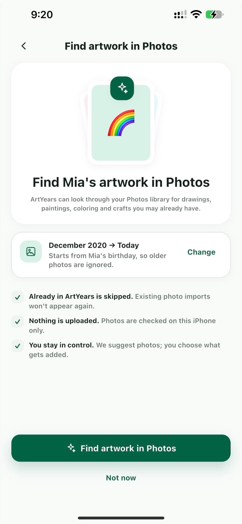 ArtYears Find artwork in Photos screen suggesting likely kids' artwork
