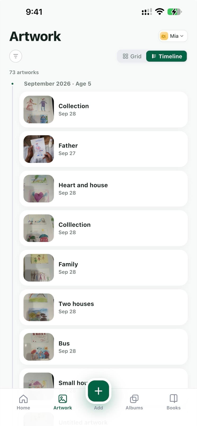 ArtYears timeline organizing children's artwork by age