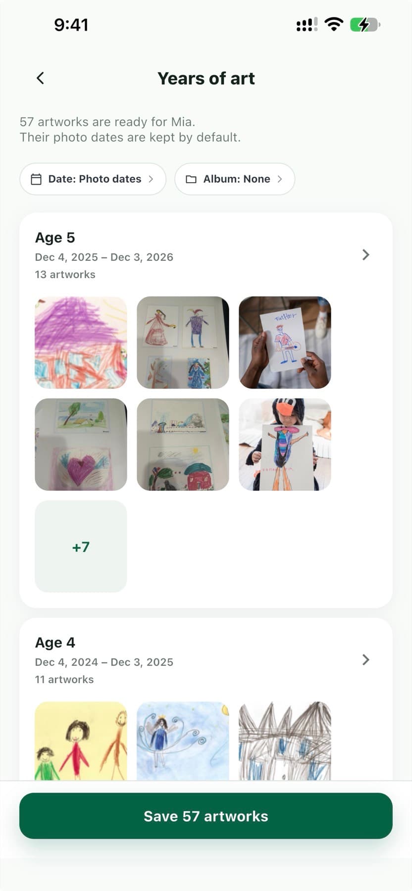 ArtYears showing years of children's artwork found in Photos