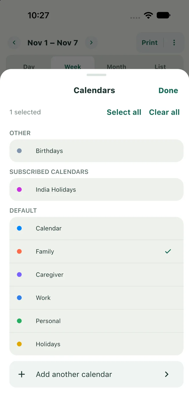 PrintMyCal calendar selection with Family, Caregiver, Work and Personal