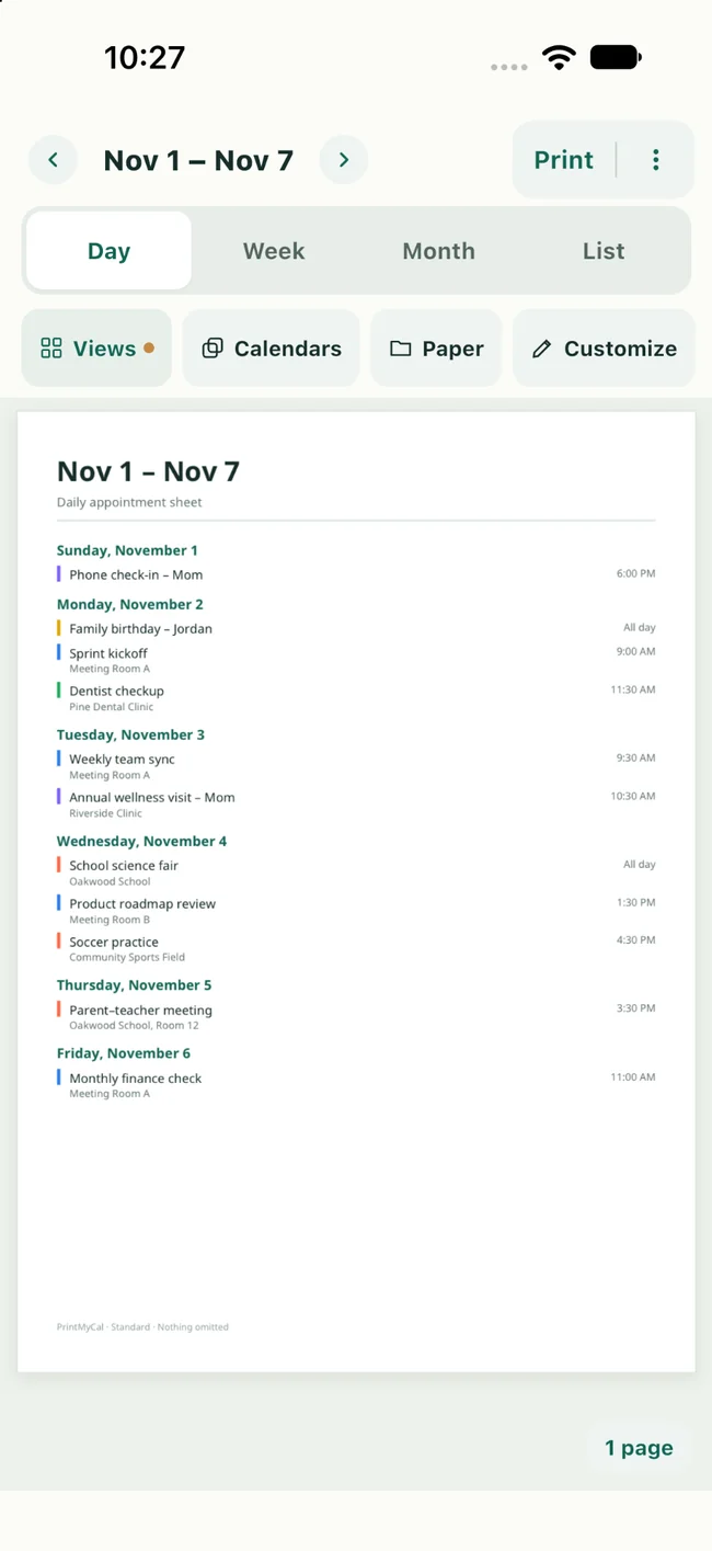 PrintMyCal Day layout with appointments and times