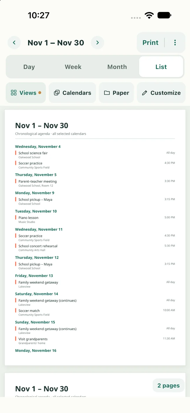 PrintMyCal chronological List view with calendar events and times