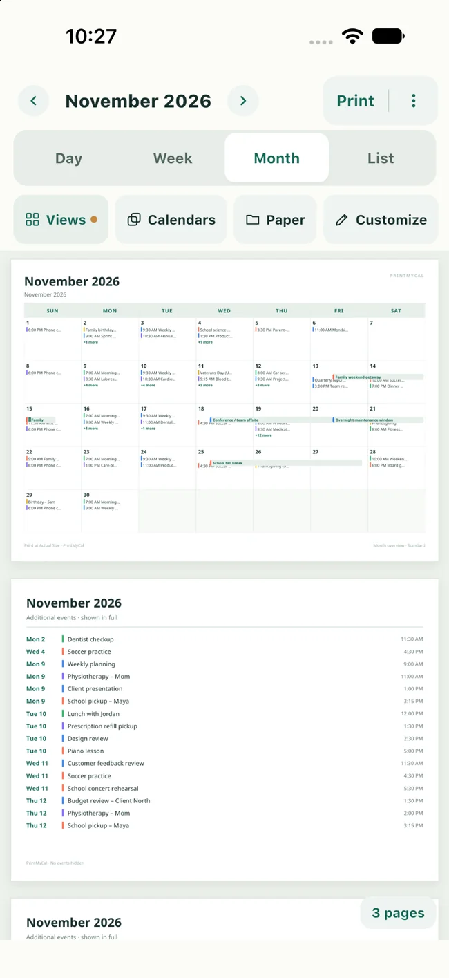 PrintMyCal monthly calendar preview with events