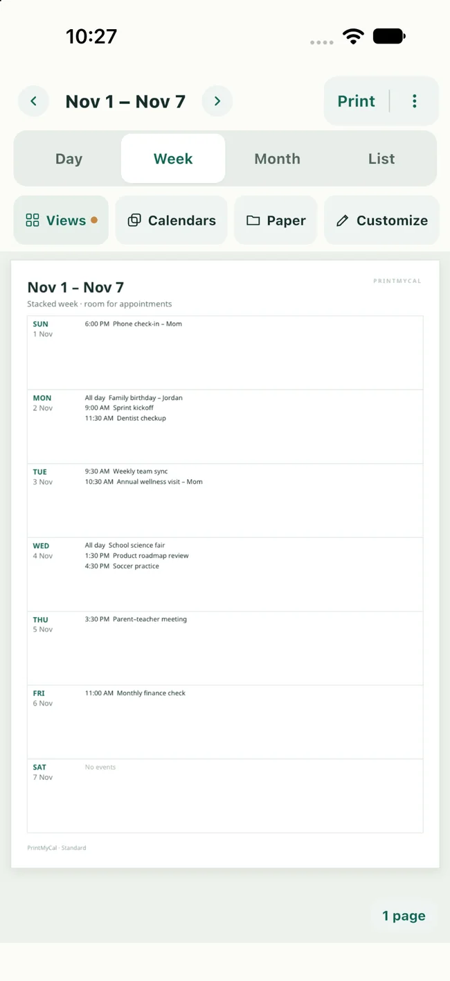 PrintMyCal stacked weekly printable calendar layout