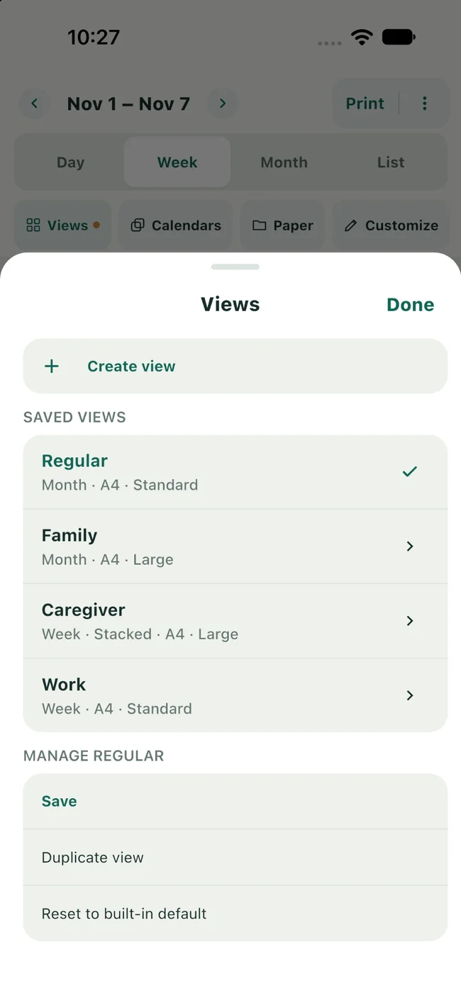 PrintMyCal Saved Views with Regular, Family, Caregiver and Work