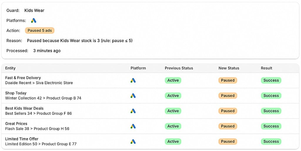 SpendGuard audit log showing pause and resume events
