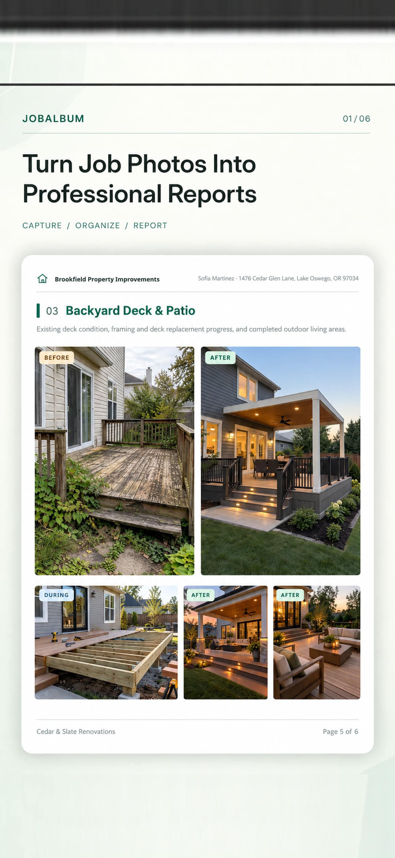 JobAlbum professional PDF report with Before, During and After photos