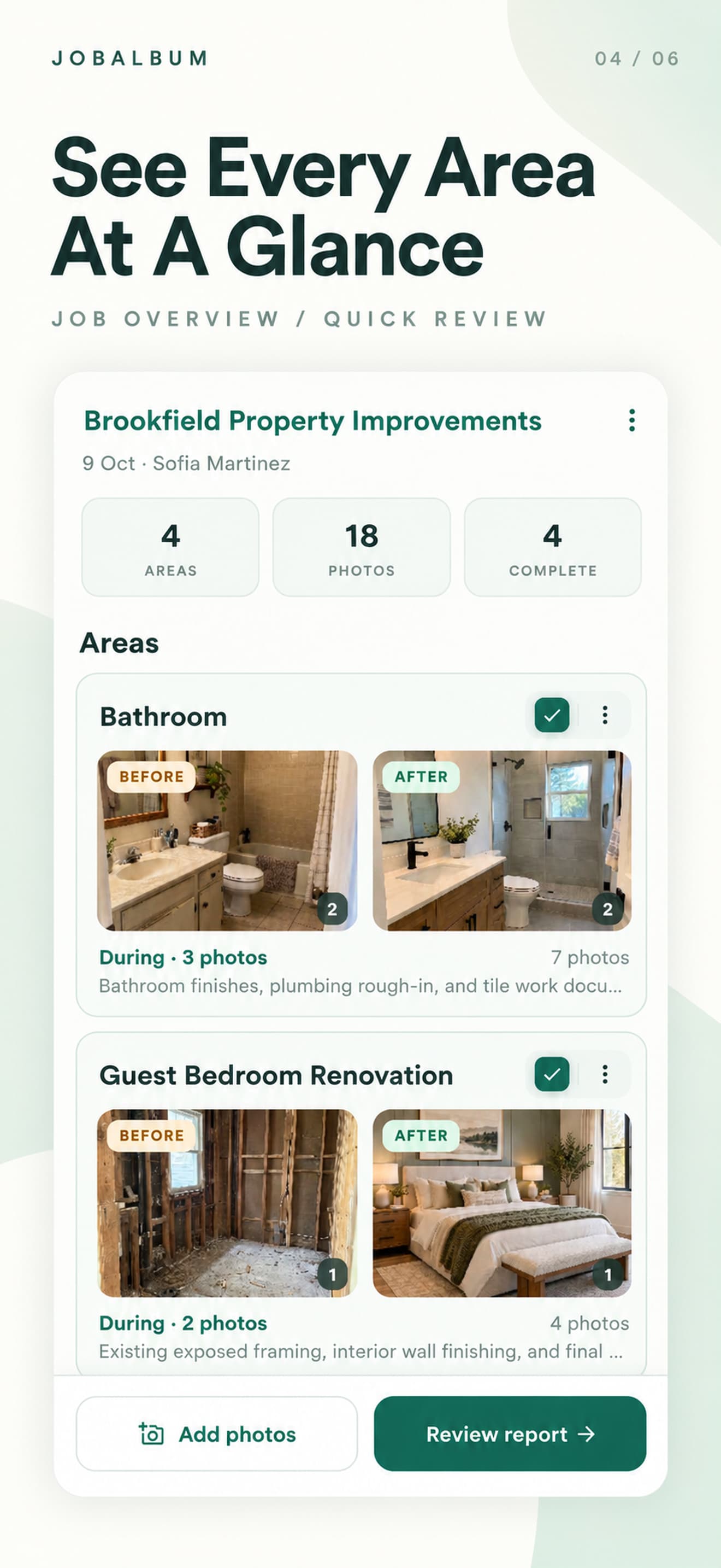JobAlbum job overview showing work areas with Before and After photos
