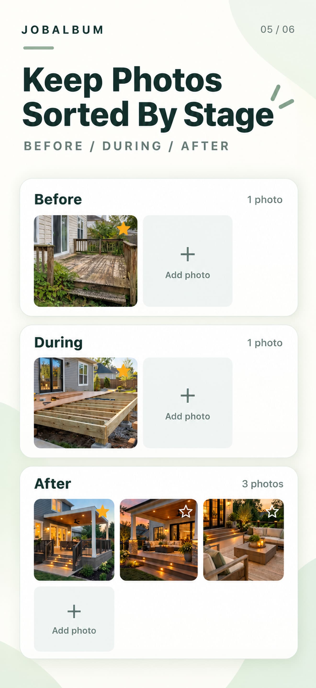 JobAlbum organizing Before, During and After photos for a work area
