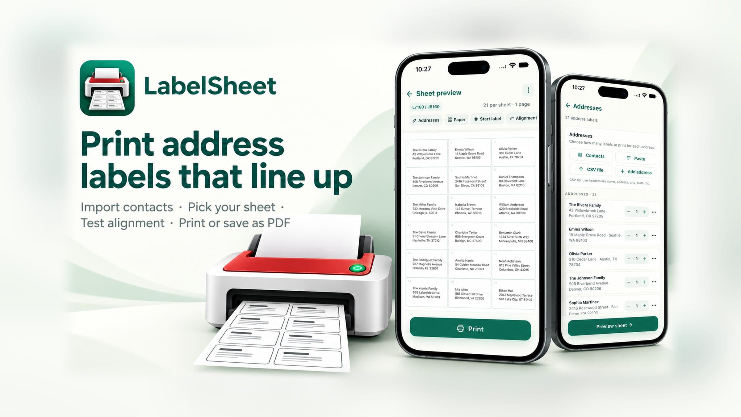 LabelSheet: print address labels that line up. Import contacts, pick your sheet, test alignment, then print or save as PDF.