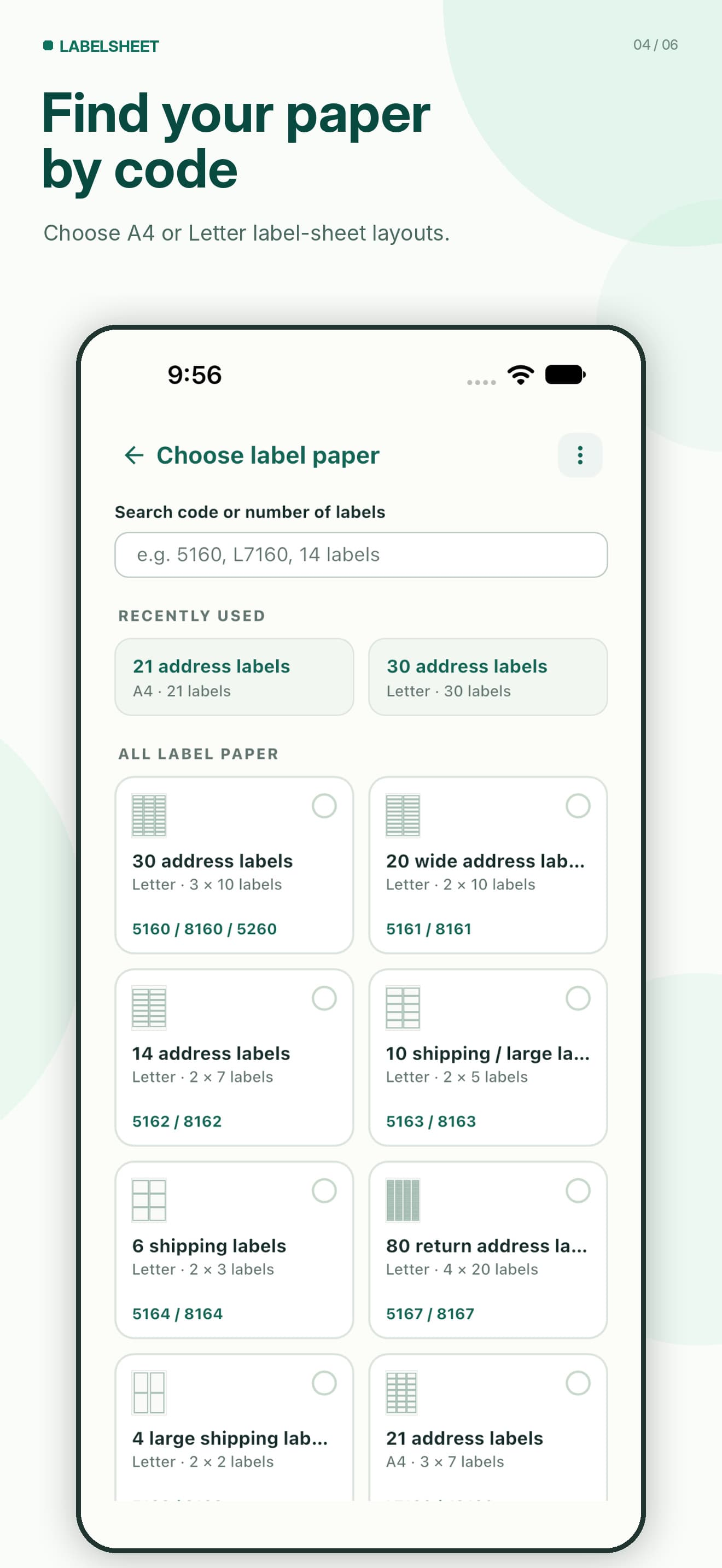 LabelSheet paper picker with searchable manufacturer product codes