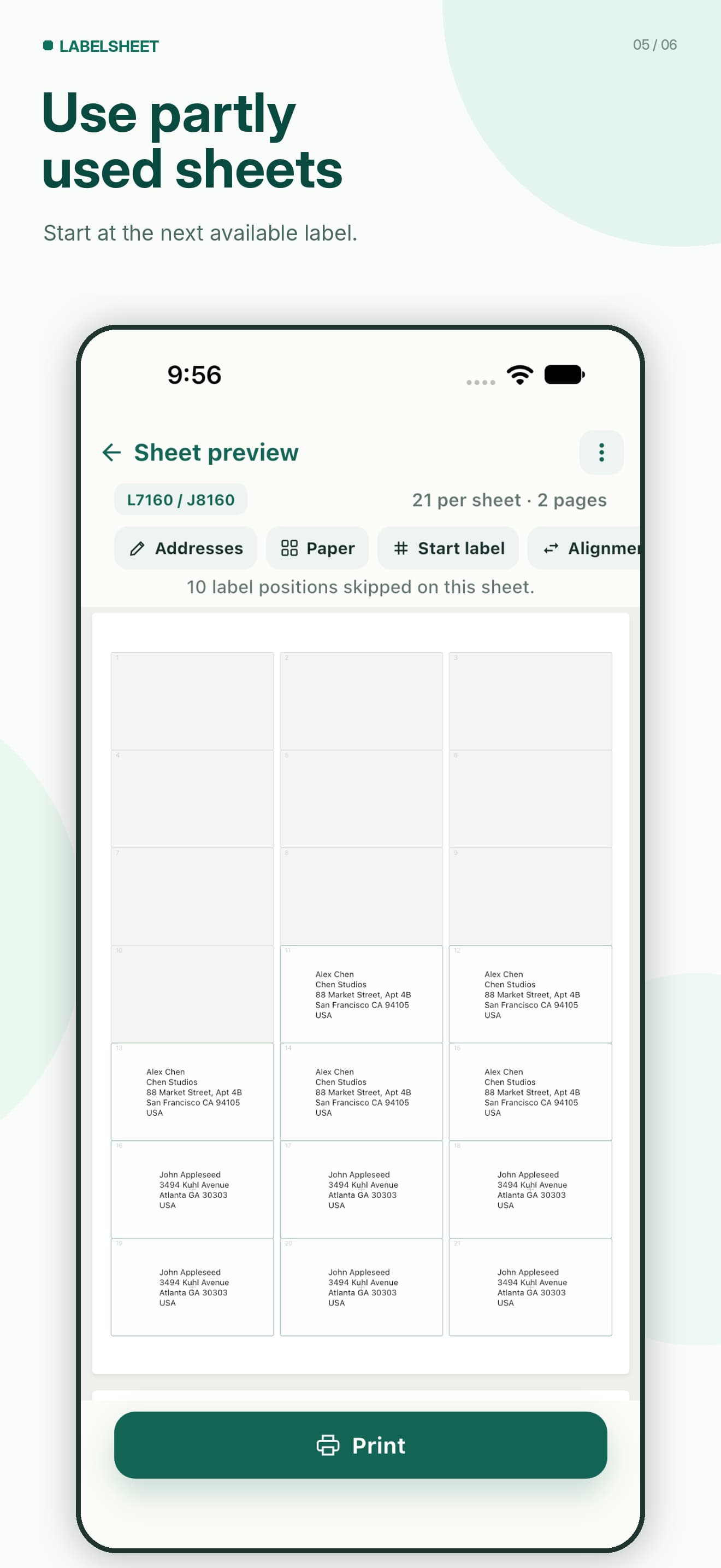 LabelSheet preview starting partway down a used label sheet