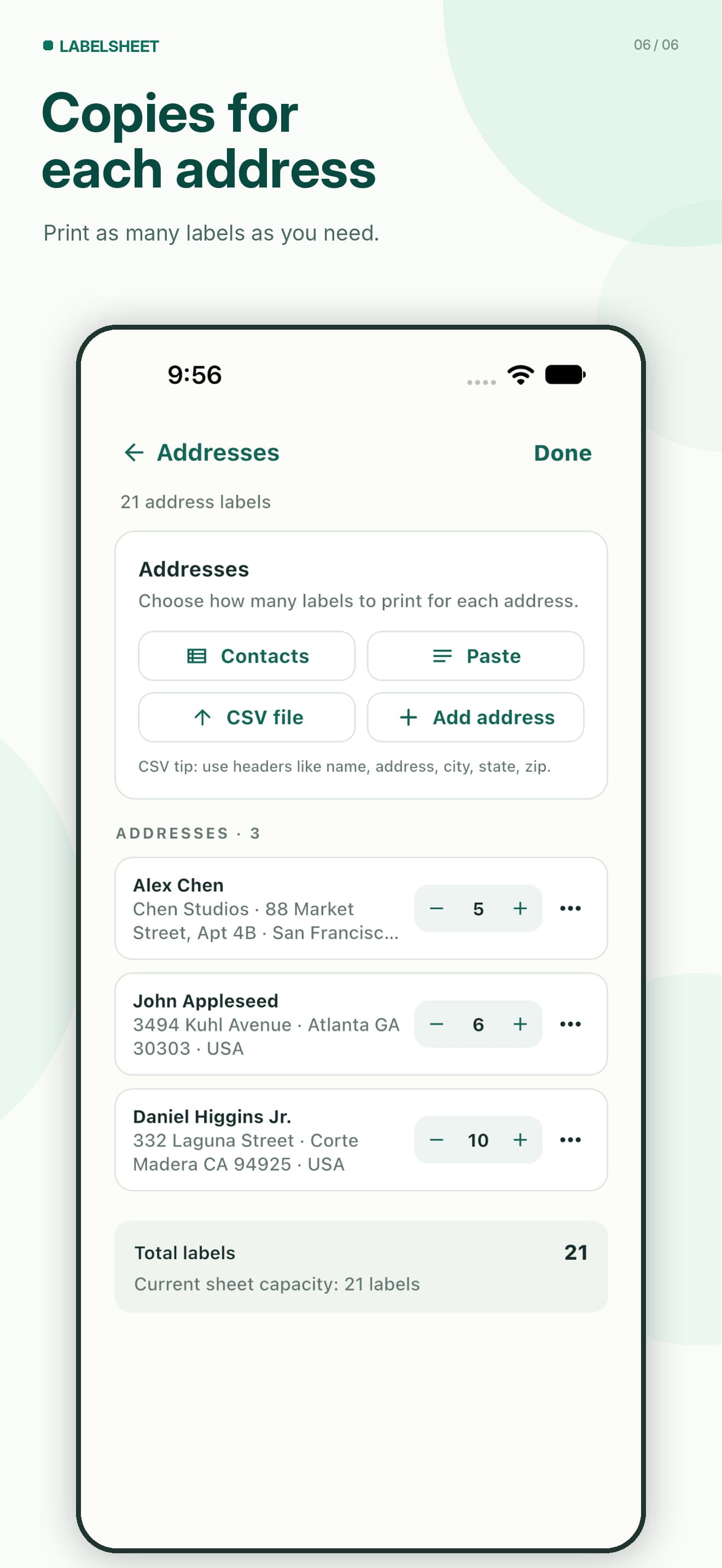 LabelSheet Addresses screen with Contacts, Paste, CSV and copy counts