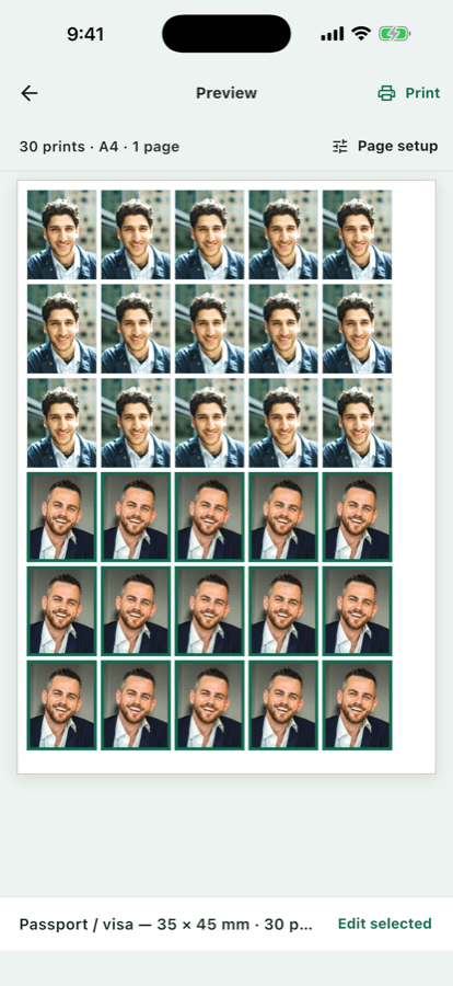 PrintFit sheet with multiple passport-sized photos packed efficiently