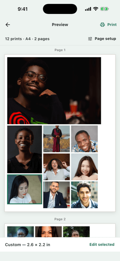 PrintFit print preview showing photos arranged on a sheet at exact sizes